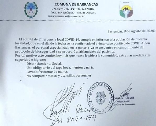 Coronavirus: Confirmaron el primer caso positivo en Barrancas