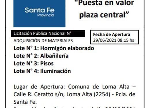 Edicto: llamado a licitación para puesta en valor de la plaza central en la comuna de Loma Alta