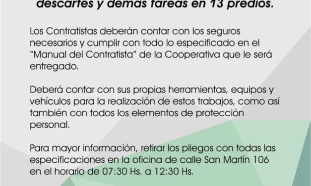Cooperativa Eléctrica: concurso de precios para desmalezado y corte de pasto