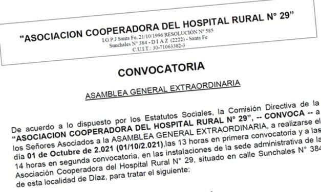 Convocatoria a Asamblea Extraordinaria de la «Asociación Cooperadora del Hospital Rural N° 29»