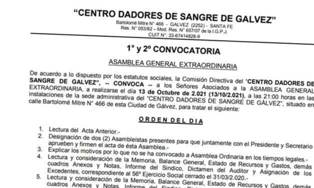 Convocatoria a Asamblea General Ordinaria del Centro Dadores de Sangre de Gálvez
