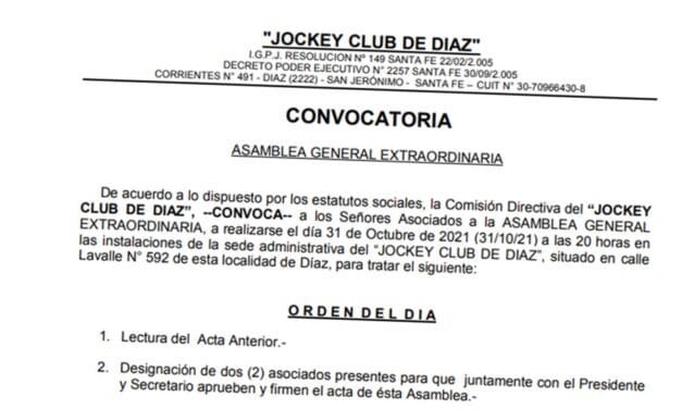 Convocatoria Asamblea General Extraordinaria «Jockey Club de Díaz»