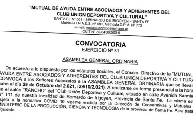 Convocatoria a Asamblea General Ordinaria de la «Mutual de Ayuda entre Asociados y Adherentes del Club Unión»