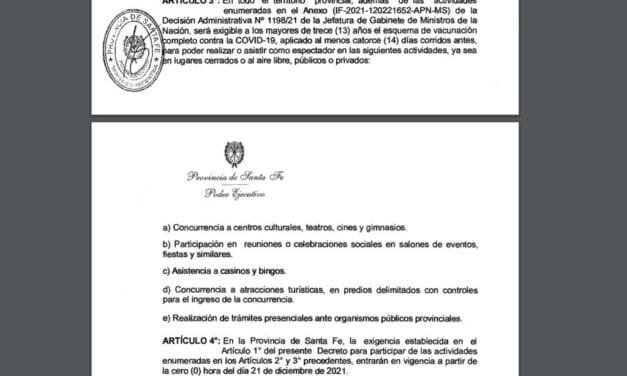 SANTA FE IMPLEMENTARÁ EL PASE SANITARIO EN TODO EL TERRITORIO PROVINCIAL A PARTIR DEL 21 DE DICIEMBRE