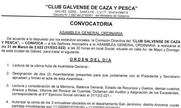 Convocatoria a Asamblea General Ordinaria del «Club Galvense de Caza y Pesca»