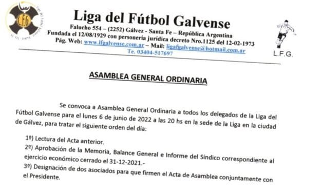Convocatoria a Asamblea General Ordinaria de la Liga del Fútbol Galvense