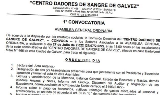 El Centro Dadores de Sangre convoca a su Asamblea General Ordinaria