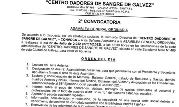 2da Convocatoria a Asamblea General Ordinaria del «Centro Dadores de Sangre de Gálvez»
