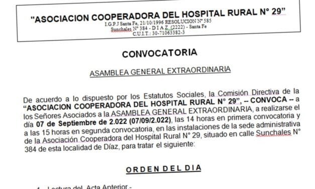 Convocatoria Asamblea General Extraordinaria Asociación Cooperadora Hospital Rural N° 29