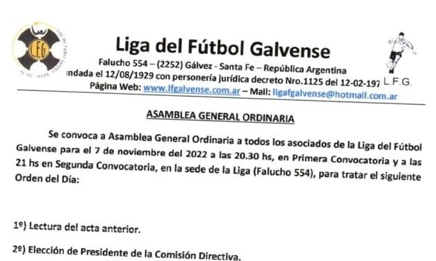 La Liga del Fútbol Galvense convoca a Asamblea General Ordinaria