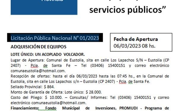 Licitación Pública para la «Adquisición de equipos para servicios públicos» en la Comuna de Eustolia