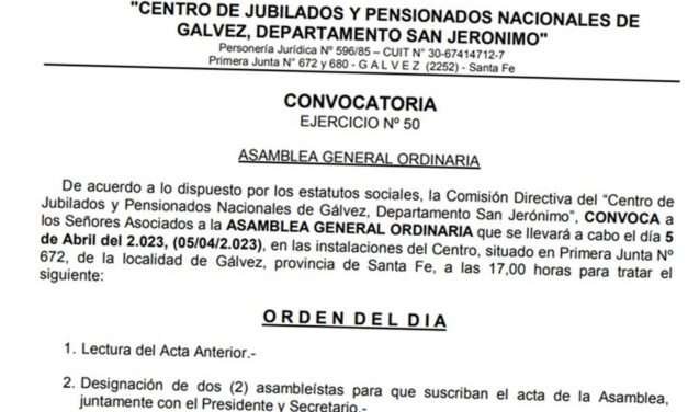 Convocatoria a Asamblea General Ordinaria del Centro de Jubilados y Pensionados