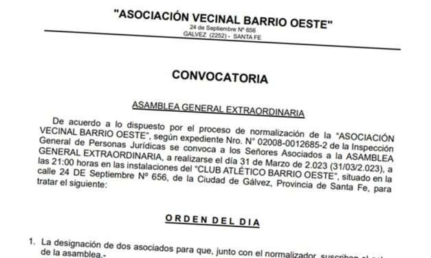 Convocatoria a Asamblea General Extraordinaria de  la Asociación Vecinal Barrio Oeste