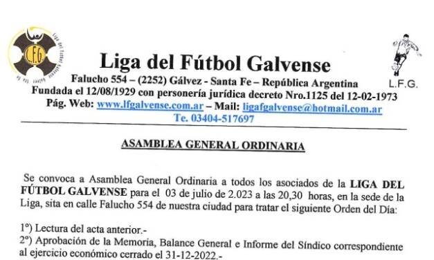 Convocatoria a Asamblea General Ordinaria de la Liga del Fútbol Galvense