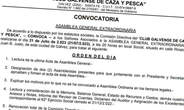 Convocatoria a Asamblea General Extraordinaria del Club Galvense de Caza y Pesca