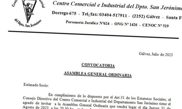 Convocatoria a Asamblea General Ordinaria del Centro Comercial e Industrial de Dpto. San Jerónimo