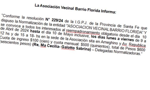 La Asociación Vecinal Barrio Florida Informa: