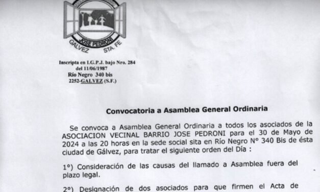 CONVOCATORIA A ASAMBLEA GENERAL ORDINARIA DE LA VECINAL B° «JOSÉ PEDRONI»