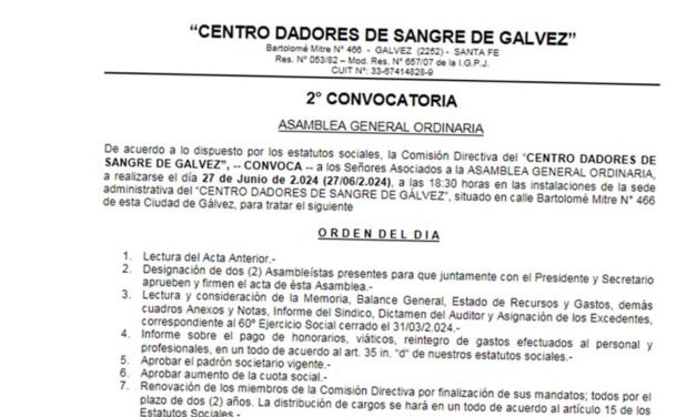 2da Convocatoria a Asamblea General Ordinaria del «Centro Dadores de Sangre de Gálvez»