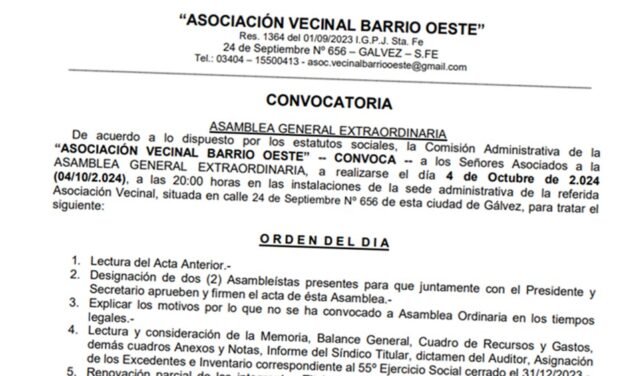 Convocatoria Asamblea Extraordinaria Asociación Vecinal Barrio Oeste