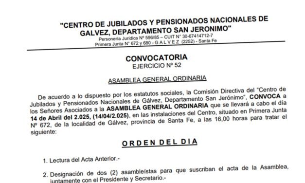 Convocatoria a Asamblea General Ordinaria del Centro de Jubilados y Pensionados Nacionales de Gálvez
