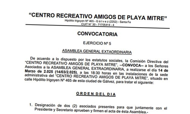 Convocatoria a Asamblea General Extraordinaria del «Centro Recreativo Amigos de Playa Mitre»