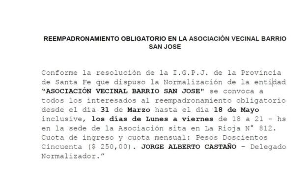 REEMPADRONAMIENTO OBLIGATORIO EN LA ASOCIACIÓN VECINAL BARRIO SAN JOSE
