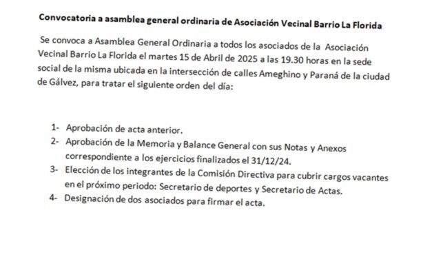 Convocatoria a Asamblea General Ordinaria de Asociación Vecinal Barrio La Florida
