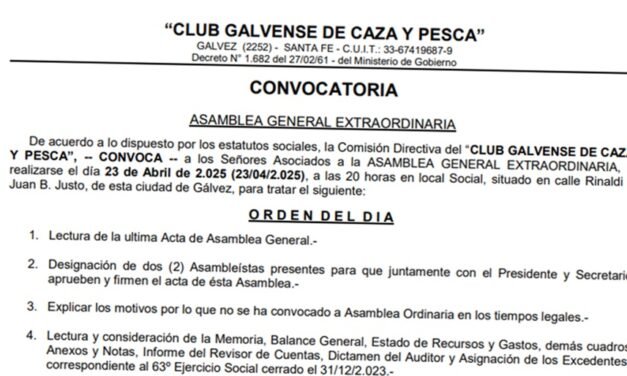 El Club Galvense de Caza y Pesca convoca a Asamblea General Extraordinaria