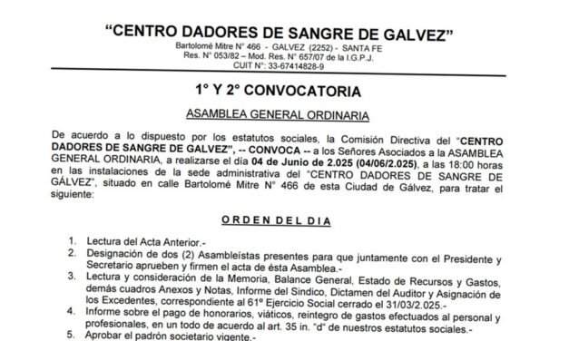 Convocatoria General Ordinaria del Centro dadores de Sangre