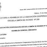 Convocatoria a Asamblea General Ordinaria de la Asociación Cooperadora Escuela Simón de Iriondo N° 290