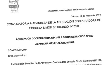 Convocatoria a Asamblea General Ordinaria de la Asociación Cooperadora Escuela Simón de Iriondo N° 290