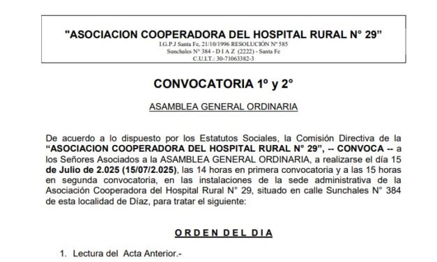 Convocatoria a Asamblea General Ordinaria de la «Asociación Cooperadora del Hospital Rural N° 29”