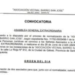 Convocatoria a Asamblea General Extraordinaria de «Asociación Vecinal Barrio San José»