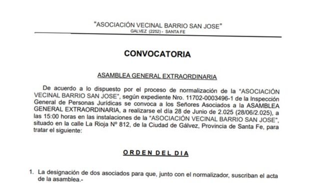 Convocatoria a Asamblea General Extraordinaria de «Asociación Vecinal Barrio San José»