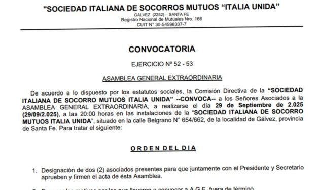 Convocatoria a Asamblea General Extraordinaria de la Sociedad Italiana de Socorros Mutuos