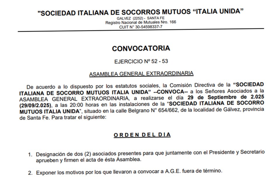 Convocatoria a Asamblea General Extraordinaria de la Sociedad Italiana de Socorros Mutuos