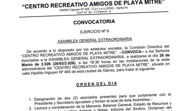 Convocatoria a Asamblea General Extraordinaria del «Centro Recreativo Amigos de Playa Mitre»