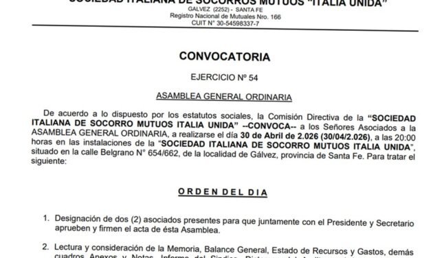 Convocatoria a Asamblea General Ordinaria de la Sociedad Italiana de Socorros Mutuos «Italia Unida»