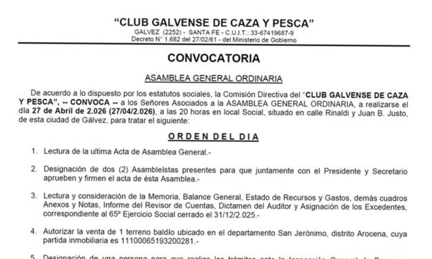 El «Club Galvense de Caza y Pesca» convoca a Asamblea General Ordinaria
