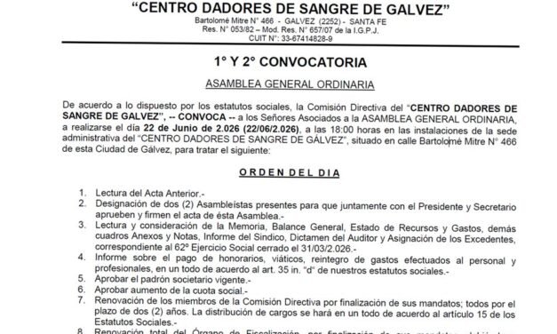 Convocatoria a Asamblea General Ordinaria del «Centro Dadores de Sangre de Gálvez»