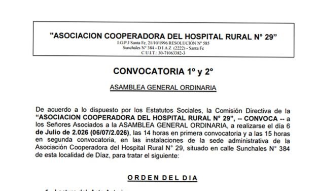 Convocatoria a Asamblea General Ordinaria de la «Asociación Cooperadora del Hospital Rural N° 29»
