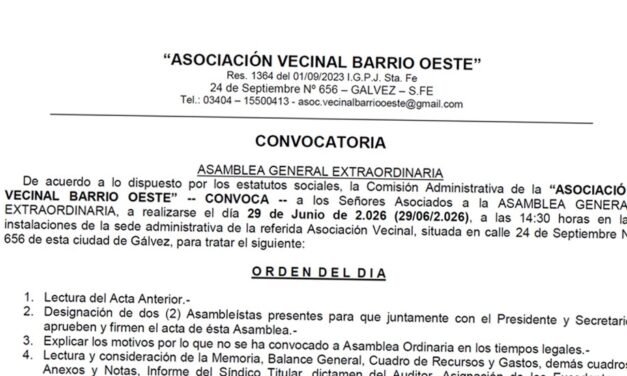 Convocatoria a Asamblea General Extraordinaria de la «Asociación Vecinal Barrio Oeste»