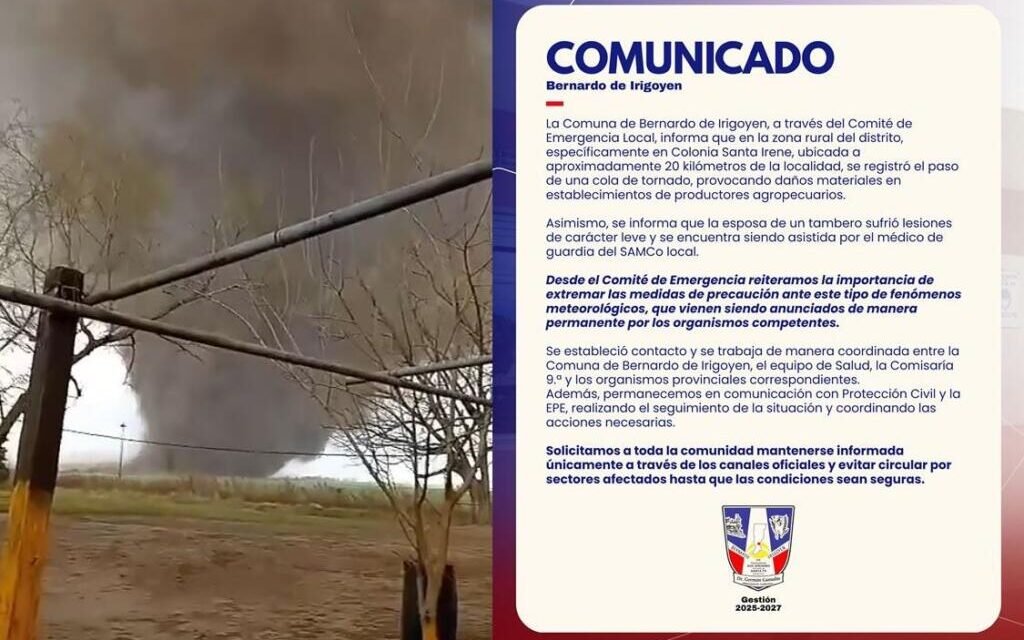 Comunicado de la Comuna de Bdo. de Irigoyen tras el fenómeno meteorológico de este viernes