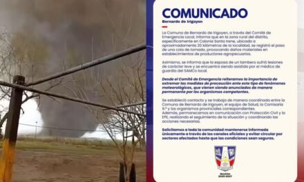 Comunicado de la Comuna de Bdo. de Irigoyen tras el fenómeno meteorológico de este viernes