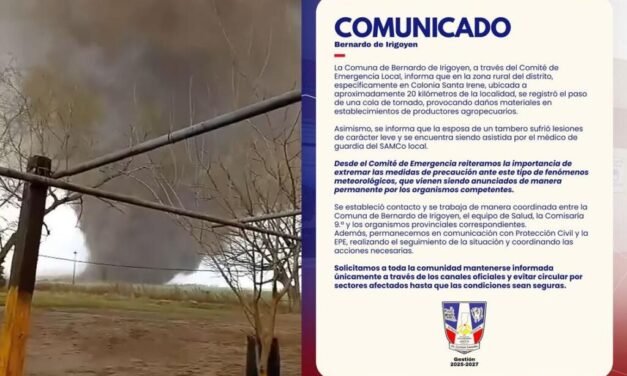Comunicado de la Comuna de Bdo. de Irigoyen tras el fenómeno meteorológico de este viernes