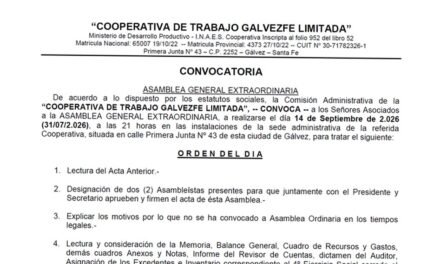 Convocatoria a Asamblea General Extraordinaria de la «Cooperativa de Trabajo Galvezfe Limitada»