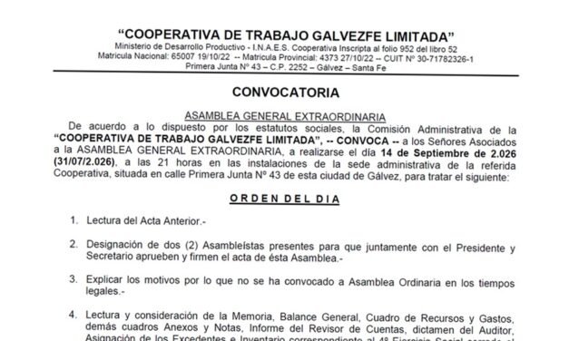 Convocatoria a Asamblea General Extraordinaria de la «Cooperativa de Trabajo Galvezfe Limitada»