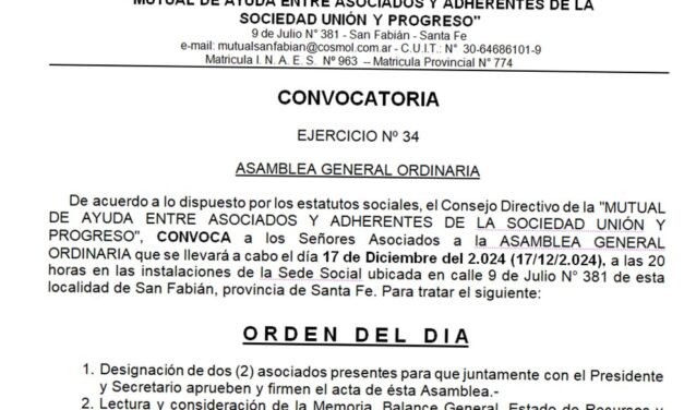 Convocatora a Asamblea General Ordinaria de la Mutual de Ayuda Unión y Progreso
